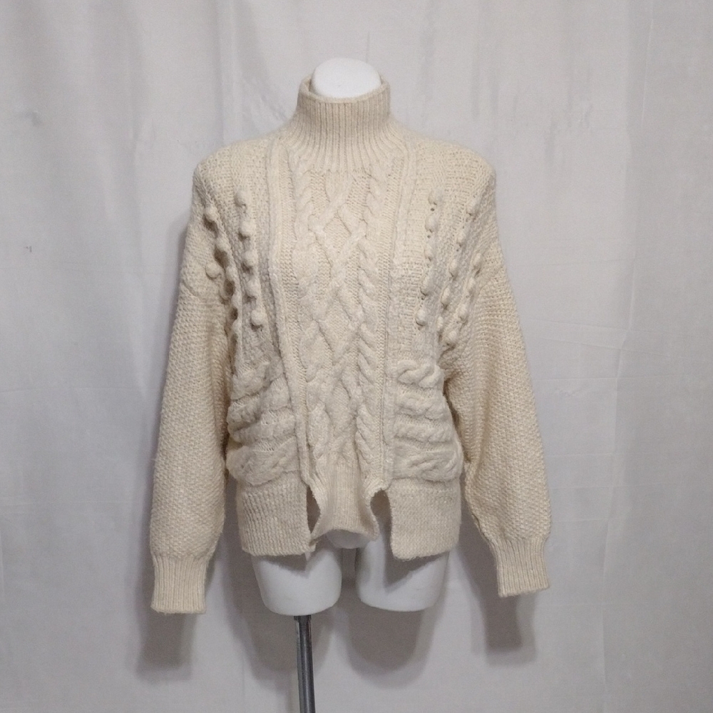 Zara Cable Knit Pompom High Neck Pullover Sweater Medium Cozy Trendy Fall Winter